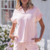Pink Stripe Dolman Sleeve Polo Shirt and Drawstring Shorts Set