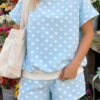 Pink Polka Dot Print Color Block Trim Mock Neck Short Set