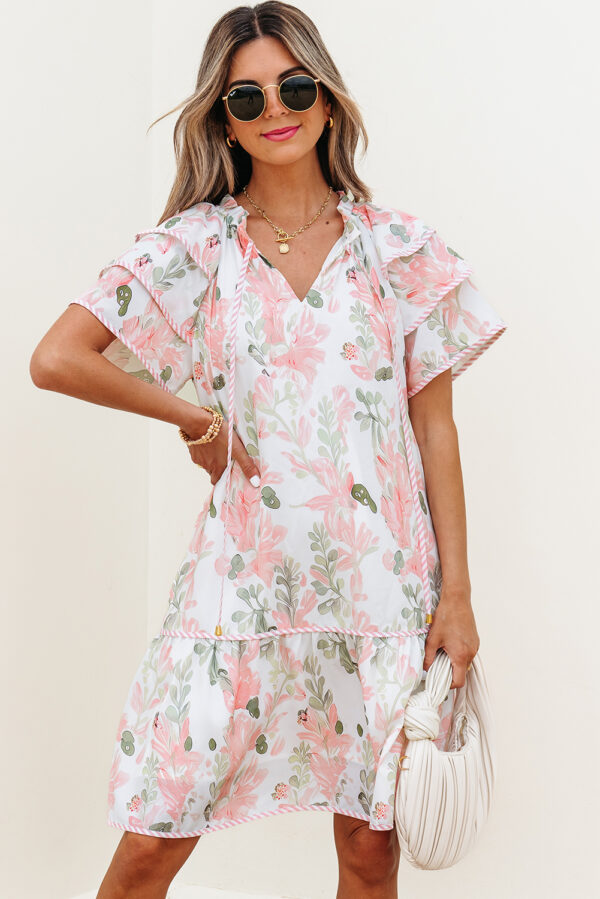 Sky Blue Floral Contrast Edge Layered Short Sleeve Mini Dress