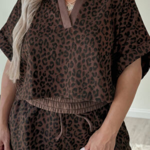Brown Plus Size Leopard Short Set
