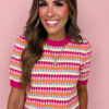 Orange Abstract Striped Knit Short Sleeve Sweater