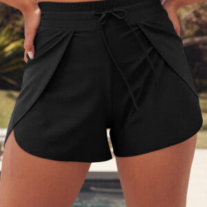 Black Solid Color 2-in-1 Drawstring Elastic Waist Swim Shorts