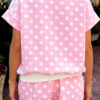 Pink Polka Dot Print Color Block Trim Mock Neck Short Set