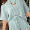 Rose Stripe Raised Rib Loose Tee Drawstring Elastic Waist 2pcs Short Set