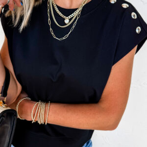 Black Casual Solid Short Sleeve Top with Metal Button Details Key Features
