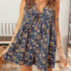 Blue Retro Floral Print Bow Tie V Neck Sleeveless Pleated Loose Denim Romper