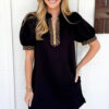Black Leopard Patchwork Zip Collared Short Puff Sleeve Shift Mini Dress