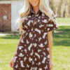 Brown Cowgirl Hats Boots Cactus Print Raw Edge Button Down Short Denim Dress
