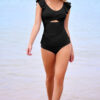 Black Solid Color Ruffle Detail Crossed Cutout Slim Tankini 2pcs Swimsuit