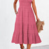 Rose Shirred Pleated Square Neck Sleeveless Midi Dress