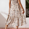 Beige Ditsy Floral Print Smocked Square Neck Ruffle Short Sleeve Dress
