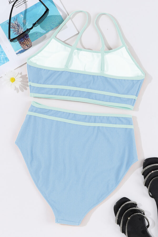 101800127-e03353bc95651b99.jpg Beau Blue Stylish Ribbed Contrast Trim Spaghetti Straps 2pcs Bikini Swimsuit