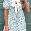 Sky Blue Leopard Contrast Bow Puff Sleeve Mini Dress