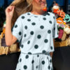 Black Polka Dot Print Loose Tee Drawstring Elastic Waist Short Set