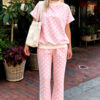 Pink Polka Dot Print Mock Neck Short Sleeve Top Shift Pant Set