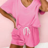 Mint Green V Neck Drop Shoulder Tee and Patchwork Drawstring Elastic Waistband Shorts Set