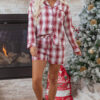 Red Retro Plaid Long Sleeve Shirt Drawstring Shorts 2pcs Lounge Set