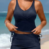 Sky Blue Ribbed Knit Crossed Detail Tank Skort 2pcs Swimsuit