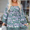 Green Floral Print Piping Trim Bubble Sleeve Square Neck Dress