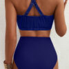 Navy Blue Shell Stitched Trim V Neck Textured Mix and Match High Waist Bikinis