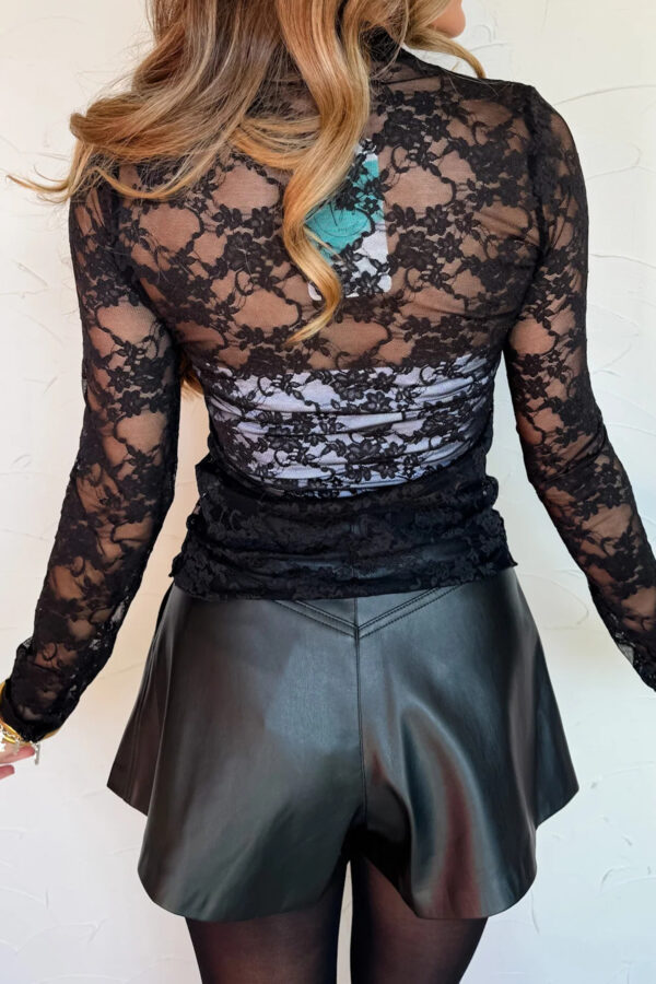 Black Sheer Floral Lace Lettuce Trim Mock Neck Long Sleeve Top