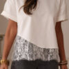 White Asymmetric Lace Hem Patchwork Tee