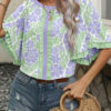 Purple Floral Print Ruffled Color Block Trim Half Sleeve Blouse