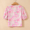 Pink Ribbon Knot Front Floral Short Puff Sleeve Blouse