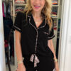 Black Leopard Patchwork Trim Lapel Shirt Drawstring Shorts 2pcs Pajama Set