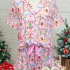Pink Nutcracker Doll Christmas Print Ribbon Tie Waist Short 2pcs Pajama Set