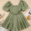 Sky Blue Brown Square Neck Ruched Puff Sleeve Romper
