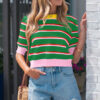 Sky Blue Stripe Colorblock Trim Half Sleeve Sweater Top