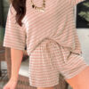 Rose Stripe Raised Rib Loose Tee Drawstring Elastic Waist 2pcs Short Set