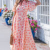 Pink Polka Dot Printed Ruffle Short Sleeve Zip Up Long Dress
