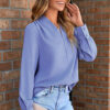 Sky Blue Solid Color V Neck Breezy Long Sleeve Blouse