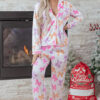 Pink Striped Bow Print Contrast Piping Trim Shirt and Pants 2pcs Pajama Set
