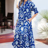 Blue Wild Floral Print Frilled Collar Half Sleeve Long Dress