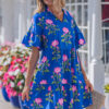 Blue V Neck Short Sleeve Loose Flower Dress