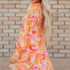 Orange Abstract Print Smocked Lantern Sleeve Ruffle Mini Dress