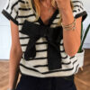 Black Stripe Bow Applique Short Sleeve Sweater