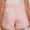Light Pink Floral Trim Ribbon Knot Striped Casual Shorts