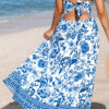 Sky Blue Twisted Bust Spaghetti Straps Backless Floral Maxi Dress