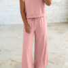 Clearly Aqua Solid Color Loose Tee Drawstring Wide Leg Pants 2pcs Outfit