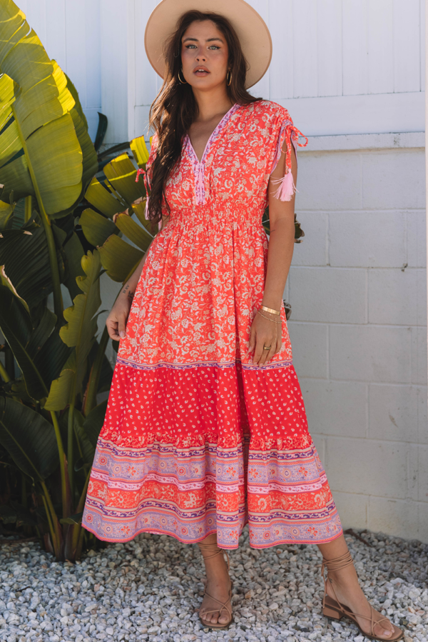 Red Floral Print Tasseled Tied Sleeve Empire Waist Maxi Dress