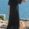Black Floral Lace Overlay Tassel Tie Short Sleeve Beach Vacation Loose Maxi Dress