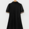 Black Leopard Patchwork Zip Collared Short Puff Sleeve Shift Mini Dress