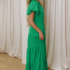 Clearly Aqua Solid Color V Neck Short Puff Sleeve High Waist Tiered Maxi Dress
