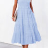 Rose Shirred Pleated Square Neck Sleeveless Midi Dress