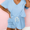Mint Green V Neck Drop Shoulder Tee and Patchwork Drawstring Elastic Waistband Shorts Set