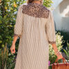Pink Stripe Square Button Leopard Trim Loose Bracelet Sleeve Shirt Dress